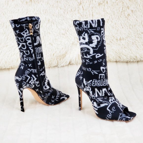 Graffiti Stretch Square Open Toe Ankle Boots - Picture 3 of 9